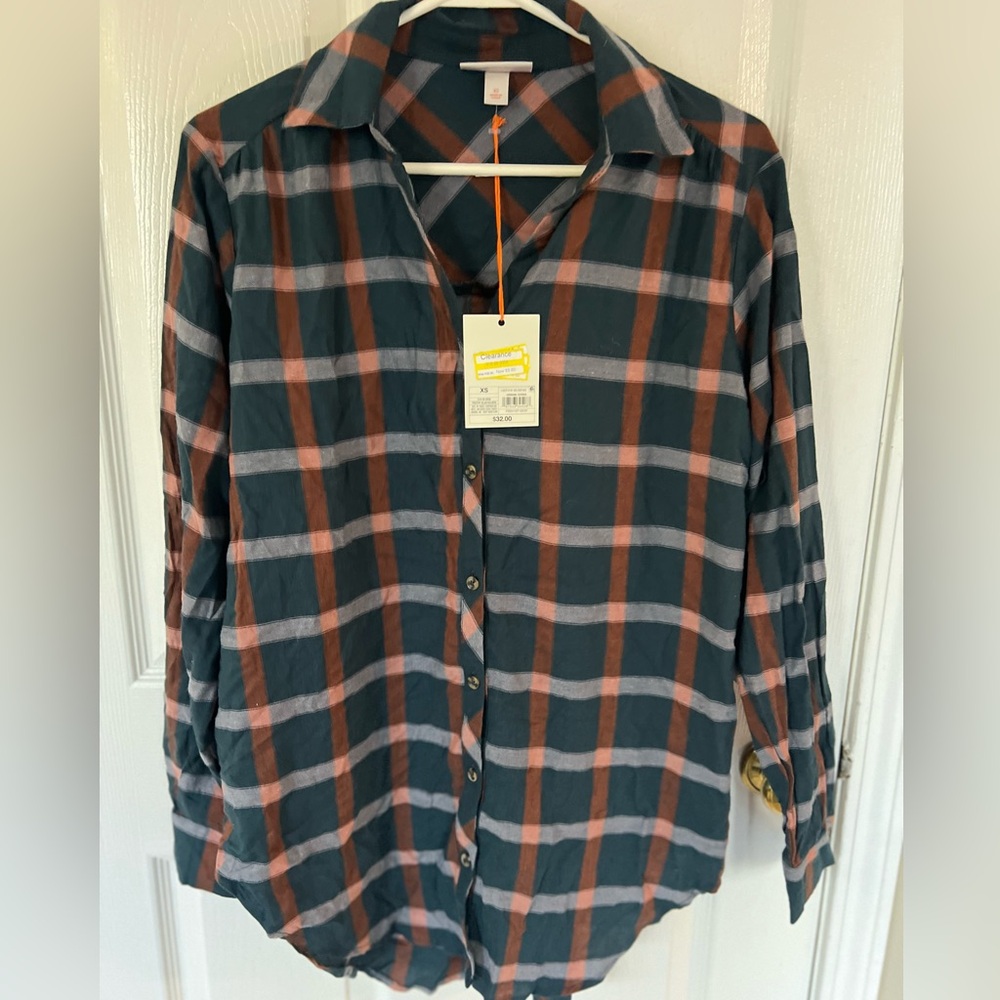 🔵 1) Long Sleeve Button-Down Tunic Shirt Knox Rose oversized  Plaid XS NWT - Picture 2 of 6